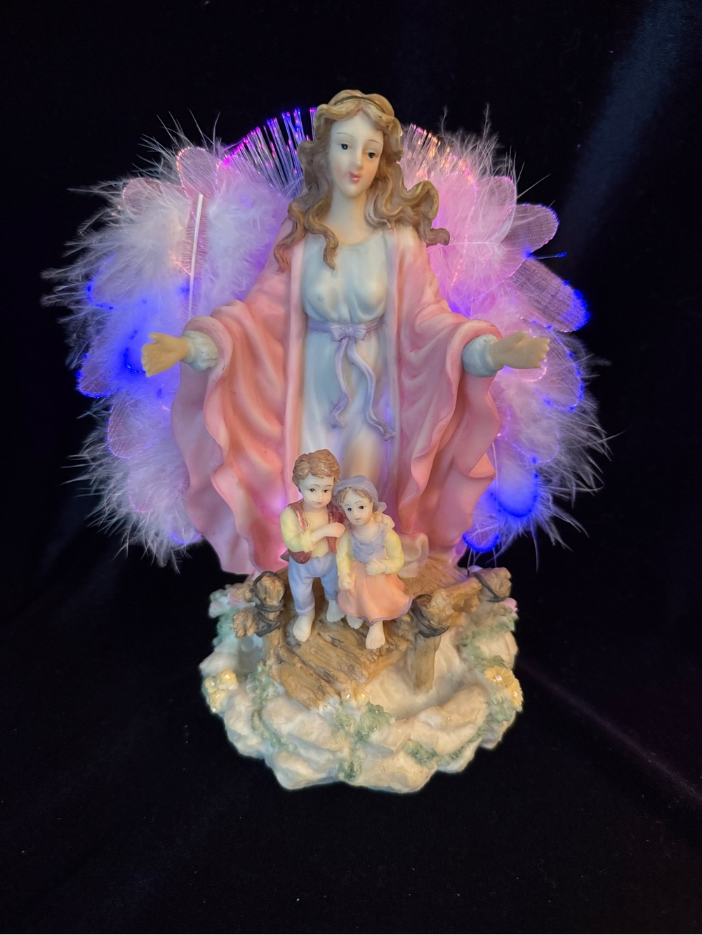 VINTAGE FIBER OPTIC GUARDIAN ANGEL w/ CHILDREN ON BRIDGE STATUE FIGURINE 9"